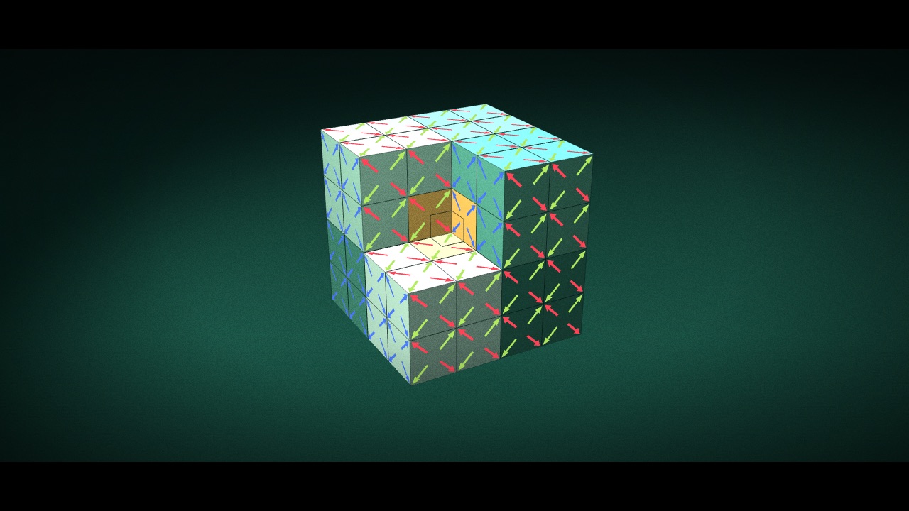 Teal and white L-shaped tiles locking together into a larger cube, marked with red, green and blue arrows.